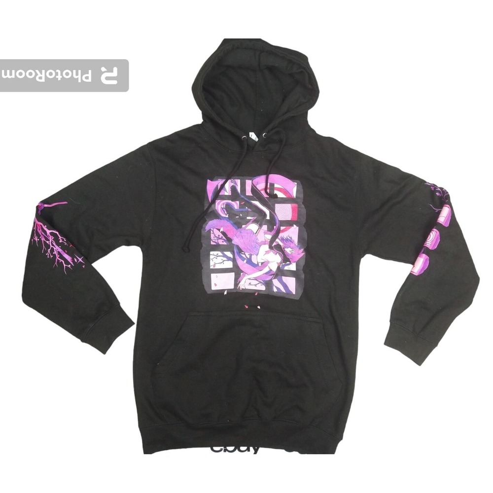 Just Hoods Anime Kitsune Graphic Hoodie Unisex Small Black Purple Streetwear